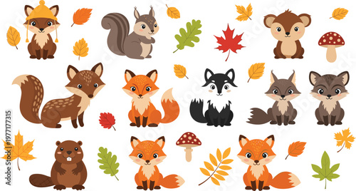 Autumn Forest Animals Set with Fox, Squirrel, Beaver, Raccoon, and Fall Leaves for Seasonal Illustrations