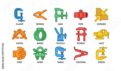 Colorful set of various clamps and tools icons on white background