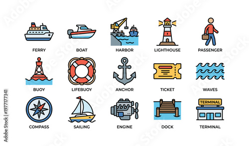 Colorful nautical icons featuring boats, lighthouse, anchor, and compass