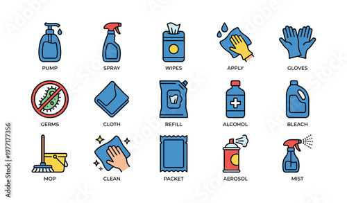 Cleaning supplies icon set featuring sanitizer, wipes, and gloves