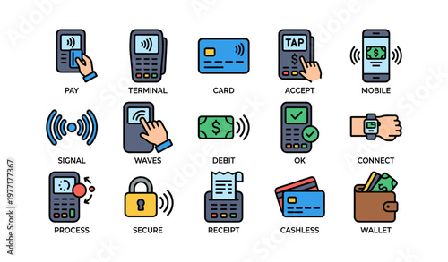 Digital payment icons: mobile transactions, card payments, and secure cashless solutions
