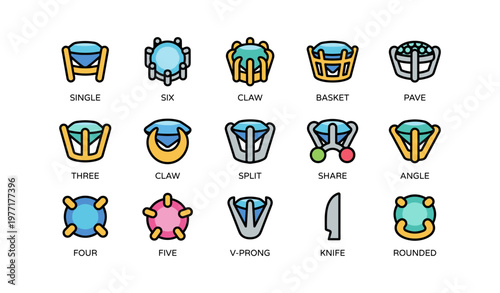 Set of 15 diverse gemstone prong settings with various designs and colors