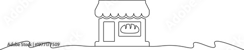 A simple line drawing of a small shop with a scalloped awning and a display window