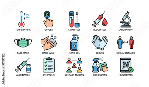 Medical icons for health safety protocols including masks and vaccination