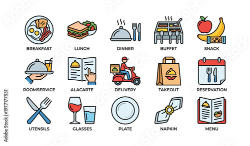 Icon set illustrating meal types and dining services
