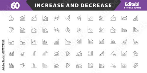 Increase and Decrease line Editable Icons set. Graph, Diagram, business growth, finance, economy, statistics, summary, profit, fall, arrow up, down,
and more. Simple vector icons. Editable Stroke.
