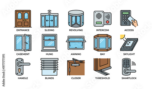 Door and window types with smart lock and access features icons