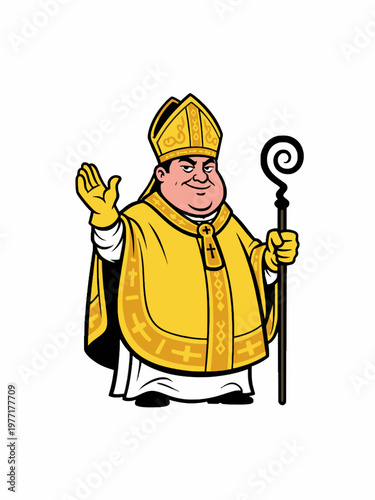 Cartoon Catholic Bishop Character Waving and Holding Crosier