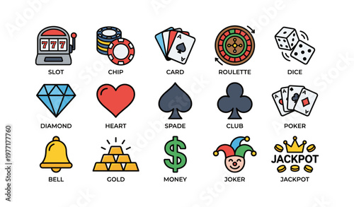 Casino game icons: slot, poker, dice, roulette, jackpot, gold