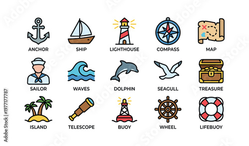 Nautical icons set featuring anchor, ship, lighthouse, compass, treasure chest