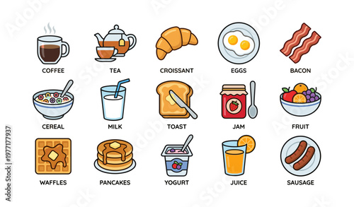 Breakfast icons: coffee, tea, croissant, eggs, bacon, cereal, milk, toast, jam, fruit, waffles, pancakes, yogurt, juice, sausage