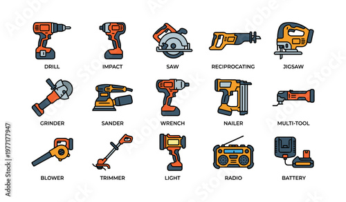 Illustrated set of electric power tools in vibrant colors