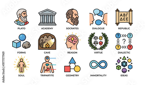 Ancient greek philosophy icons: plato, socrates, dialogue, virtue, immortality