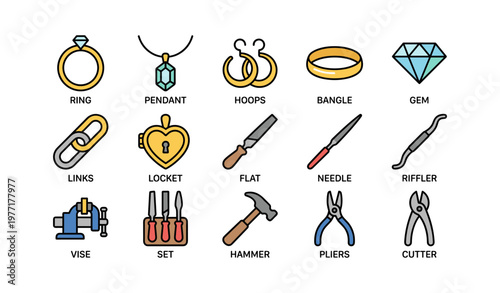 Jewelry and tools collection: rings, pendants, hoops, tools, and more
