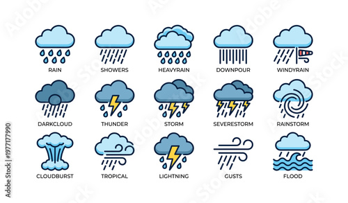 Weather icons illustrating various rainy conditions and storm elements