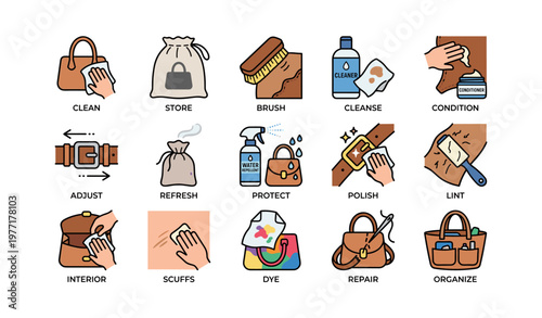 Handbag care icons: clean, store, brush, polish, repair, organize, protect, adjust, refresh