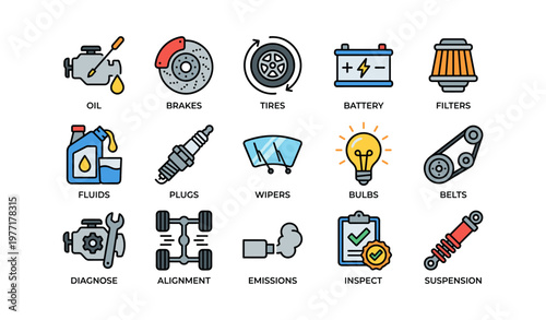 Car maintenance icons: oil, brakes, tires, battery, filters, fluids, plugs, wipers, bulbs