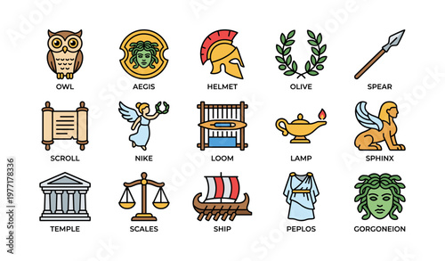 Greek mythology symbols and icons: aegis, nike, gorgoneion, sphinx, and more