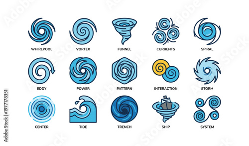 Collection of blue circular icons representing water patterns and movements