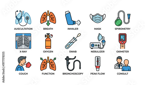 Medical equipment icons for respiratory health and diagnosis