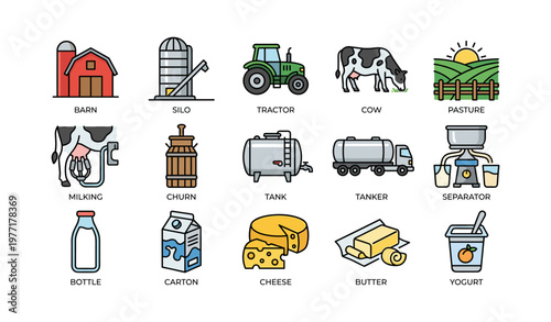 Farming equipment and dairy production icons: barn, tractor, cow, cheese, milk carton
