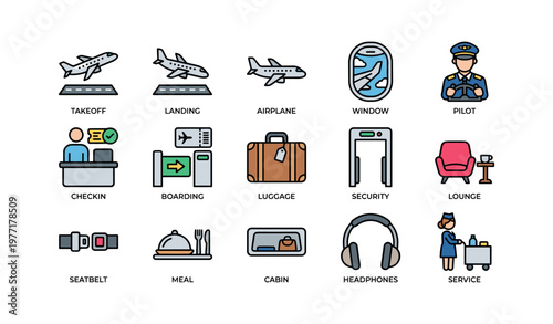 Air travel icons: airplane, pilot, boarding, luggage, cabins, security, meal, service