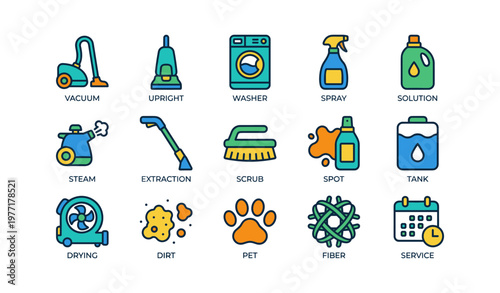 Colorful cleaning equipment icons: vacuum, washer, sprayer, scrub brush, and more