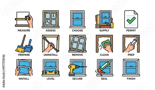 Home window installation and maintenance steps with tools and icons