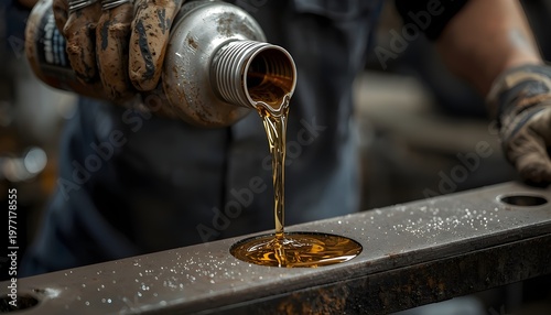 Pouring Lubricant Oil onto Steel Component in Industrial Workshop, Metalworking Process and Machine Maintenance Close-up