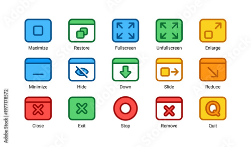 Colorful interface button icons for screen control and navigation