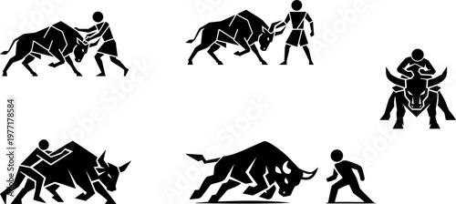 Silhouette illustrations of Jallikattu bull taming sport during the Indian Pongal festival