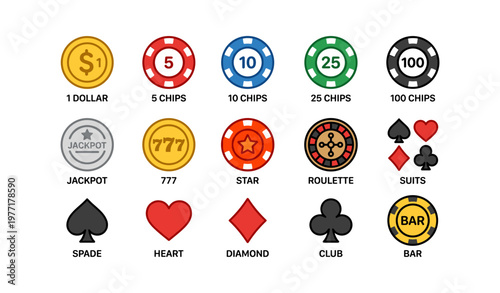Casino chips and symbols collection with suits, roulette, and jackpot icons