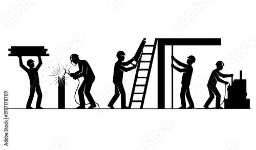 Minimal construction worker silhouette banner working poses industrial black vector illustration isolated on white