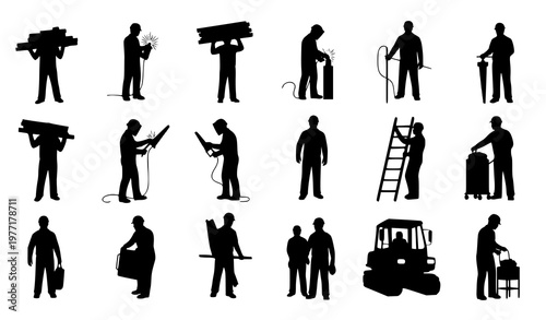 Construction worker silhouettes set carrying welding sawing climbing machinery black vector illustration isolated on white