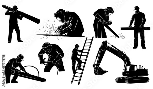 Dynamic construction worker silhouettes collection welding climbing machinery poses black vector illustration set isolated on white background