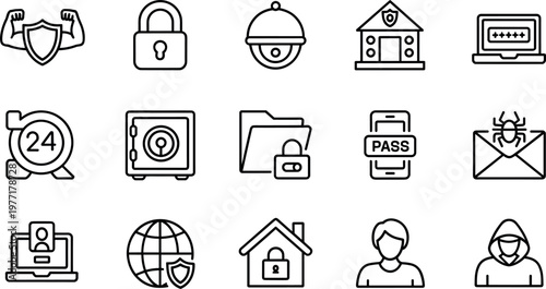 Cyber Security and Data Protection Icon Set with Shield Lock Safe Password Privacy Hacker and Secure Network Symbols for Digital Safety