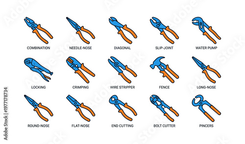 Variety of hand tools including pliers and hammer on white background