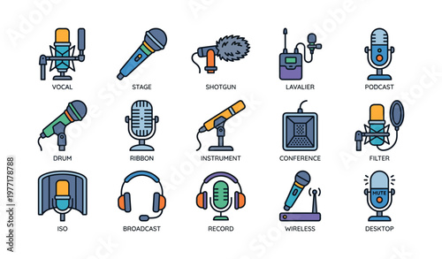 Variety of audio equipment icons including microphones and headsets