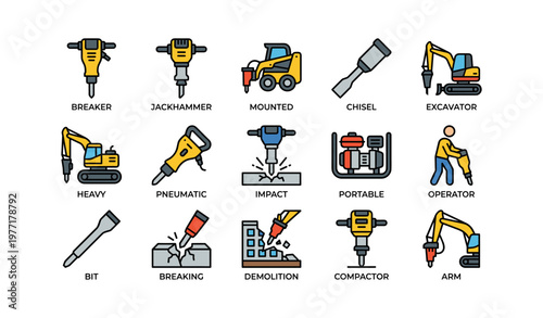 Construction equipment icons: breaker, jackhammer, excavator, operator tools