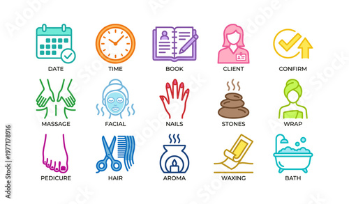 Spa and beauty treatment icons: massage, facial, nails, waxing, pedicure, hair, aroma