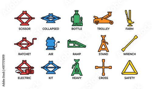 Colorful icons of automotive tools and equipment collection