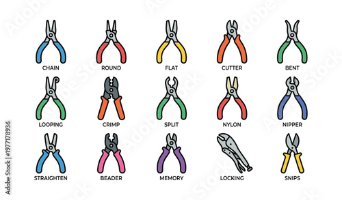 Colorful assortment of various pliers with labels for different functions