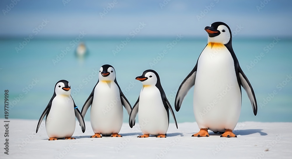 Fototapeta premium A cute baby king penguin and a black and white Gentoo bird stand on the cold Antarctic beach and rocks .