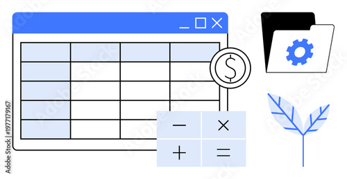 Financial planning, data management, business analysis, productivity tools, digital organization, accounting. Image shows a spreadsheet, calculator folder and leaf. Data management and financial