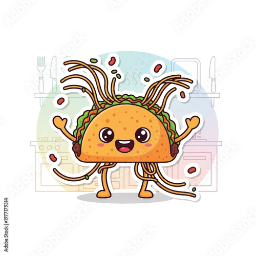 Cartoon taco character with arms raised.