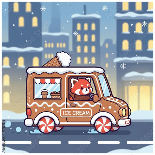 Cartoon red panda in ice cream van.