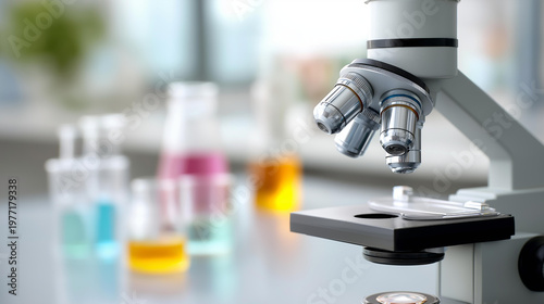 Faceless close-up of a microscope and assorted lab glassware on a bright clean medical laboratory counter, scientific instruments, research tools, diagnostic workspace, with copy s