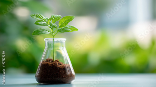 Faceless close-up of a young green plant growing inside a lab flask filled with rich soil on a bright bench, scientific research, environmental sustainability, biology life science