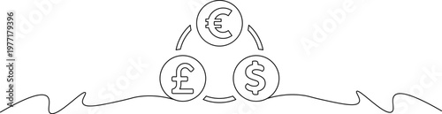 A simple line drawing of three currency symbols exchanging values in a circular motion