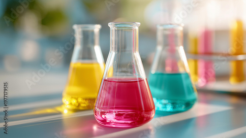 Faceless close-up of three conical flasks containing vivid chemical solutions in bright yellow, pink, and teal on a clean lab bench, sunlight reflecting off the glass, chemistry re